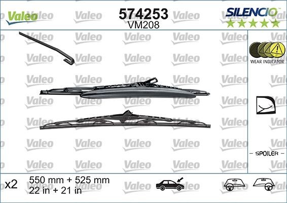 VM208 VALEO SILENCIO 550, 525 mm Front, Standard, with spoiler, arched, for left-hand/right-hand drive vehicles Styling: with spoiler, Left-/right-hand drive vehicles: for left-hand/right-hand drive vehicles Wiper blades 574253 buy