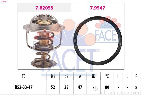 FACET 7.8205 Engine thermostat Opening Temperature: 80°C, 52mm, Made in Italy - OE Equivalent, with seal