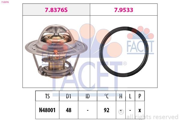 FACET 7.8376 Engine thermostat Opening Temperature: 92°C, 48mm, Made in Italy - OE Equivalent, with seal