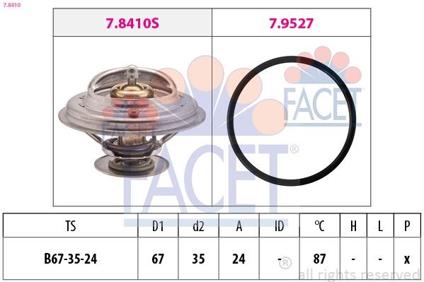 FACET 7.8410 Engine thermostat Opening Temperature: 87°C, 67mm, Made in Italy - OE Equivalent, with seal