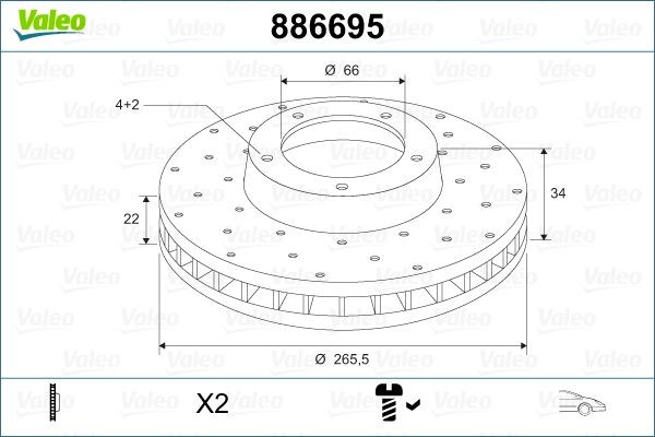 886695 Brake discs 886695 VALEO Front Axle, 266x22mm, 4, perforated/vented