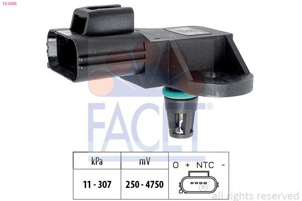 FACET 10.3205 Air Pressure Sensor, height adaptation Pressure from 11 kPa, Pressure to 307 kPa, Made in Italy - OE Equivalent