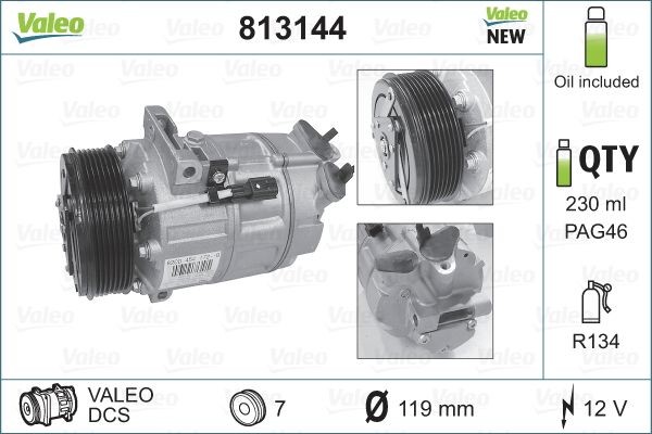 VALEO 813144 Kompressor Klimaanlage DCS, 12V, PAG 46, R 134a, mit PAG-Kompressoröl, NEW ORIGINAL PART Pontiac in Original Qualität