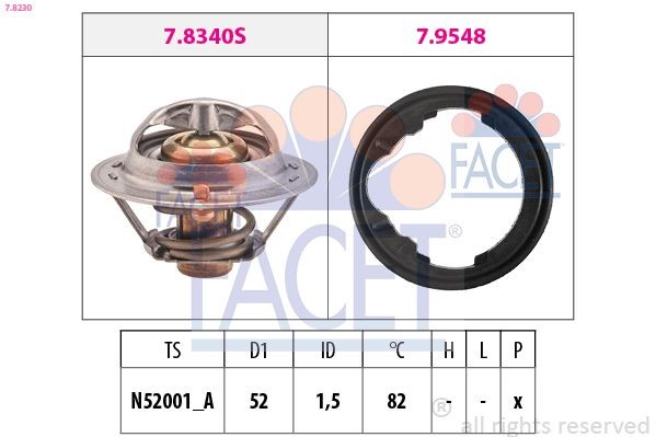 7.8230 FACET Coolant thermostat HONDA Opening Temperature: 82°C, 52mm, Made in Italy - OE Equivalent, with seal