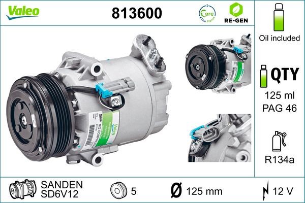 VALEO 813600 Air conditioning compressor CVC, 12V, PAG 46, R 134a, with PAG compressor oil, REMANUFACTURED