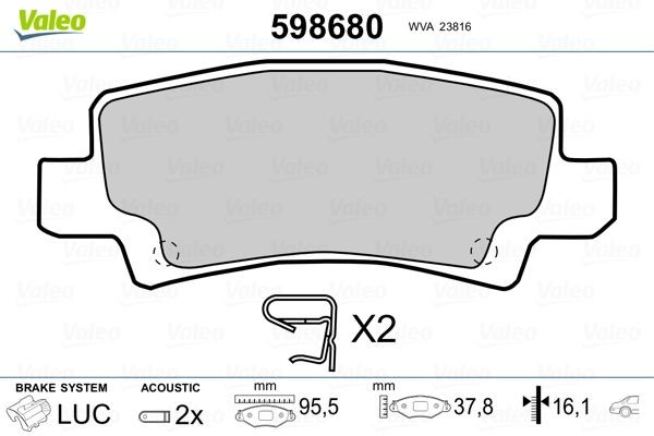 VALEO 598680 Brake pad set Rear Axle, incl. wear warning contact, without anti-squeak plate