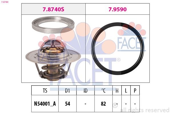 7.8740 FACET Coolant thermostat SEAT Opening Temperature: 82°C, 54mm, Made in Italy - OE Equivalent, with seal