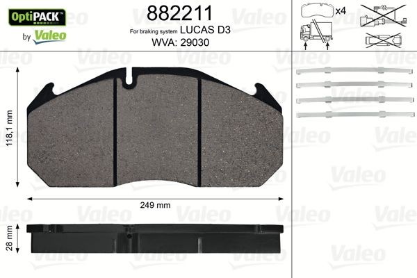 29030 VALEO OPTIPACK, excl. wear warning contact, without bolts/screws Height: 118,1mm, Width: 249mm, Thickness: 28mm Brake pads 882211 buy