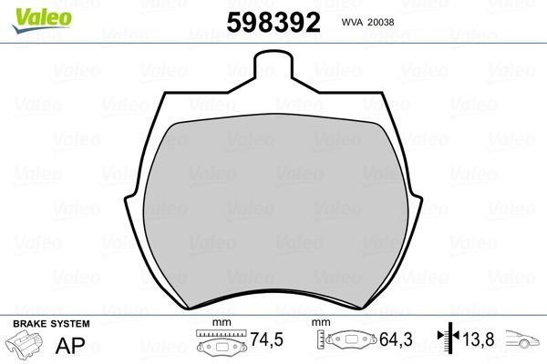 VALEO 598392 Brake pad set Front Axle, excl. wear warning contact, without anti-squeak plate