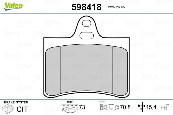 23305 VALEO Rear Axle, excl. wear warning contact, without anti-squeak plate Height: 70,8mm, Width: 73mm, Thickness: 15,4mm Brake pads 598418 buy