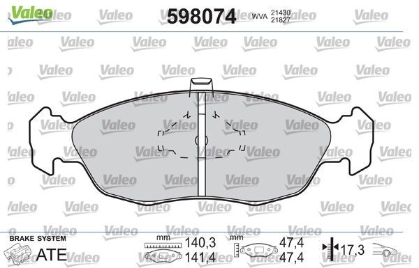 21430 VALEO Front Axle, excl. wear warning contact, without anti-squeak plate Height 2: 47,4mm, Height: 47,4mm, Width 2 [mm]: 141mm, Width: 140mm, Thickness 2: 17,3mm, Thickness: 17,3mm Brake pads 598074 buy