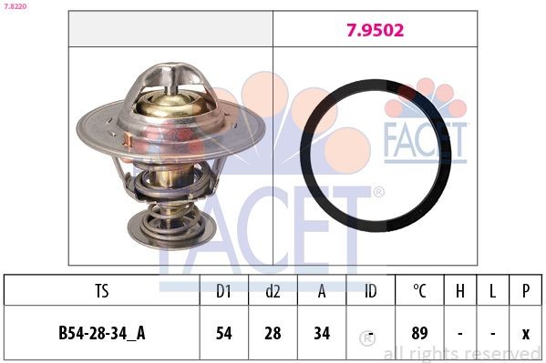 FACET 7.8220 Engine thermostat Opening Temperature: 89°C, 54mm, Made in Italy - OE Equivalent