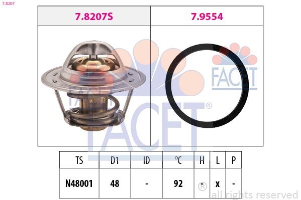 FACET 7.8207 Engine thermostat Opening Temperature: 92°C, 48mm, Made in Italy - OE Equivalent, with seal