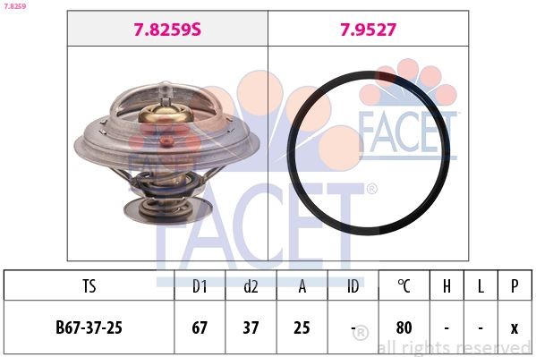 FACET 7.8259 Engine thermostat Opening Temperature: 80°C, 67mm, Made in Italy - OE Equivalent, with seal