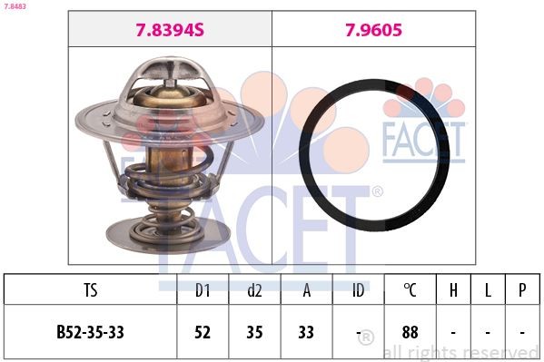 FACET 7.8483 Engine thermostat Opening Temperature: 88°C, 52mm, Made in Italy - OE Equivalent, with seal