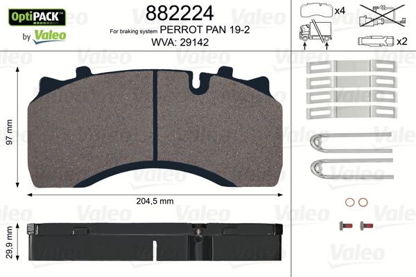 29142 VALEO OPTIPACK, excl. wear warning contact, with integrated wear warning contact, with bolts/screws Height: 97mm, Width: 205mm, Thickness: 29,9mm Brake pads 882224 buy