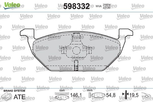21974 VALEO Front Axle, excl. wear warning contact, with anti-squeak plate Height: 54,8mm, Width: 146mm, Thickness: 20mm Brake pads 598332 buy