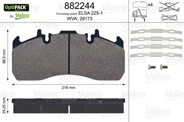 29173 VALEO OPTIPACK, excl. wear warning contact, with bolts/screws Height: 96,5mm, Width: 216mm, Thickness: 29mm Brake pads 882244 buy