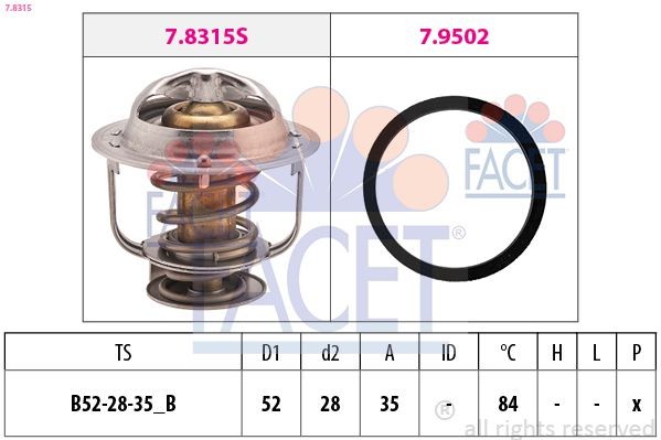 FACET 7.8315 Engine thermostat Opening Temperature: 84°C, 52mm, Made in Italy - OE Equivalent, with seal