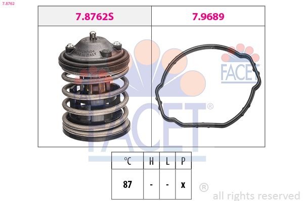 FACET 7.8762 Engine thermostat Opening Temperature: 87°C, Made in Italy - OE Equivalent, with seal, without connection adapters