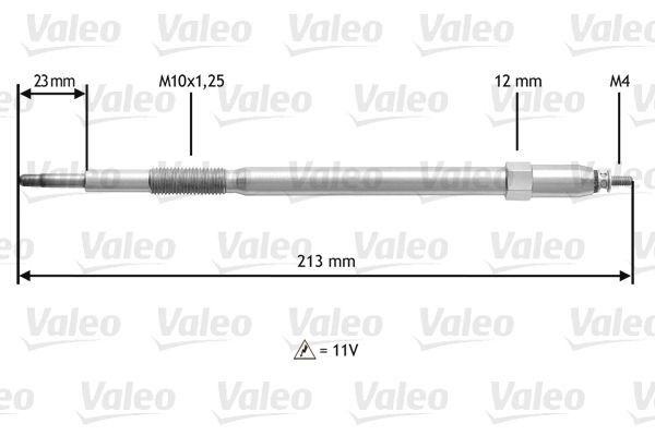 345221 VALEO Glow plug SKODA 11V M10X1.25, 213 mm, 18 Nm