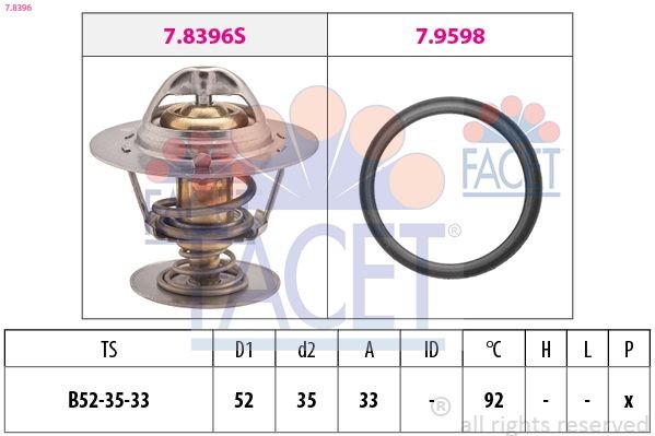 FACET 7.8396 Engine thermostat Opening Temperature: 92°C, 52mm, Made in Italy - OE Equivalent, with seal