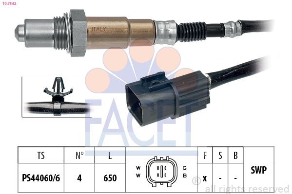 EPS 1.997.542 FACET with fastening material, Made in Italy - OE Equivalent, Heated, Planar probe, Thread pre-greased, 4 Cable Length: 650mm Oxygen sensor 10.7542 buy