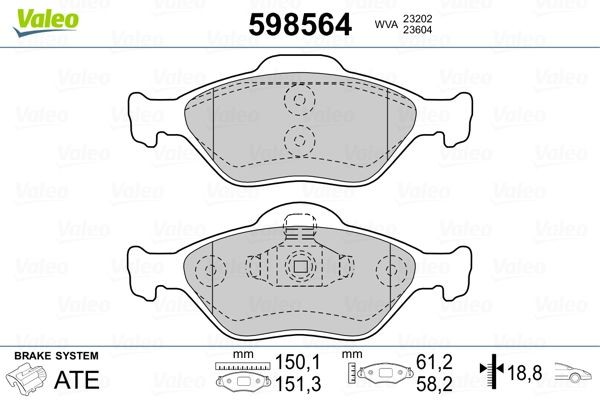 VALEO 598564 Brake pad set Front Axle, excl. wear warning contact, without anti-squeak plate