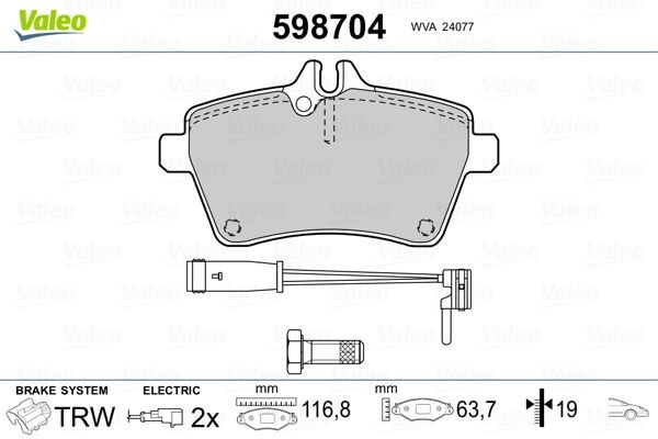 VALEO 598704 Brake pad set Front Axle, incl. wear warning contact, with bolts/screws, with anti-squeak plate