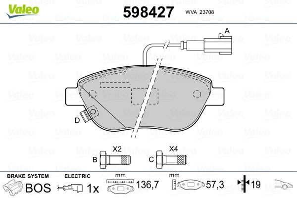 73075 VALEO Front Axle, incl. wear warning contact, with bolts/screws, with anti-squeak plate Height: 57mm, Width: 137mm, Thickness: 19mm Brake pads 598427 buy