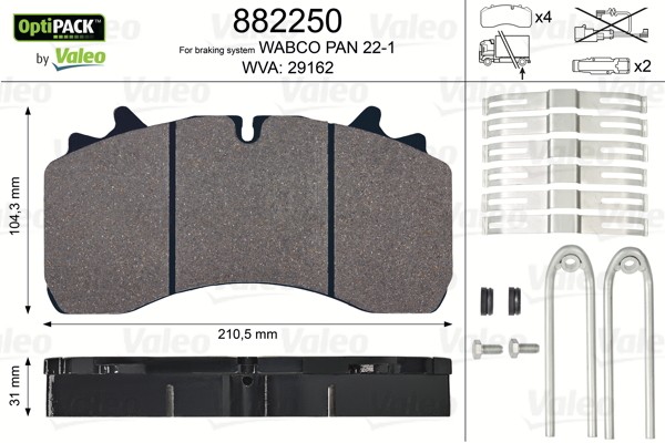 VALEO 882250 Brake pad set OPTIPACK, Rear Axle, excl. wear warning contact, with bolts/screws