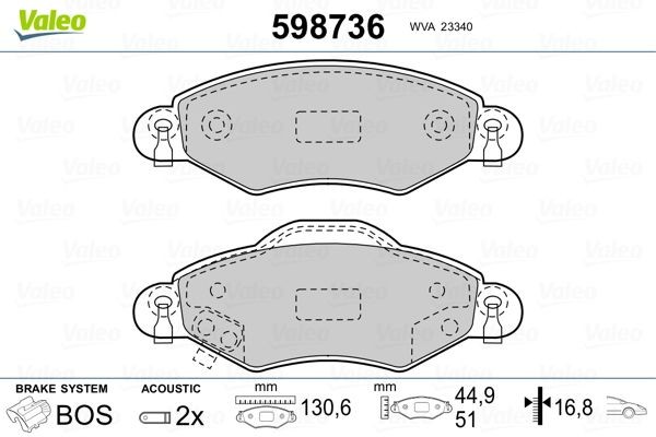 VALEO 598736 Brake pad set Front Axle, incl. wear warning contact, with anti-squeak plate