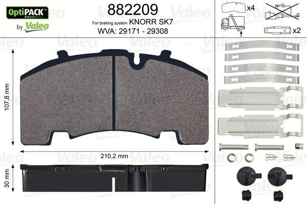 29171 VALEO OPTIPACK, Rear Axle, excl. wear warning contact, without bolts/screws Height: 107,8mm, Width: 210mm, Thickness: 30mm Brake pads 882209 buy
