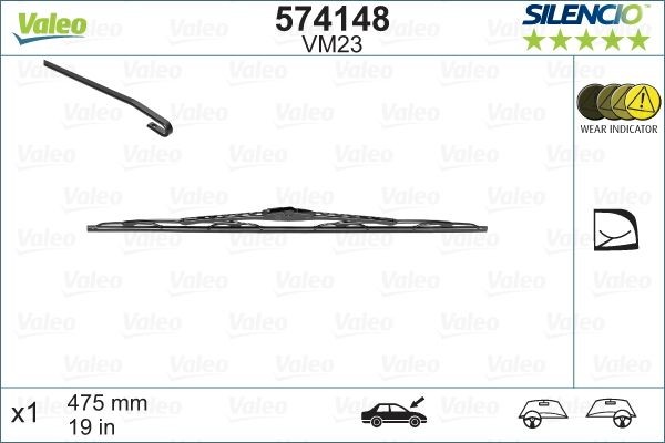 VALEO SILENCIO 574148 Wiper blade 475 mm Front, Standard, arched, for left-hand/right-hand drive vehicles, 19 Inch