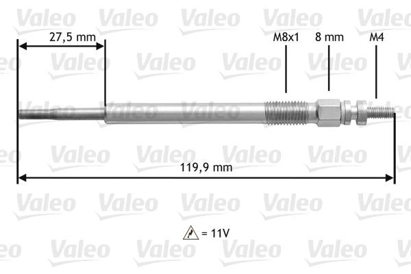 345123 VALEO Glow plug SKODA 11V M8X1, 119,9 mm, 12 Nm
