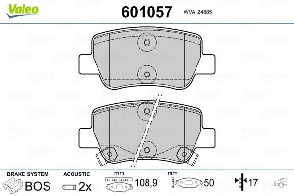 VALEO 601057 Brake pad set Rear Axle, incl. wear warning contact, with anti-squeak plate
