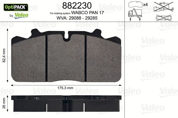 29088 VALEO OPTIPACK, excl. wear warning contact, without bolts/screws Height: 82,4mm, Width: 175mm, Thickness: 26mm Brake pads 882230 buy