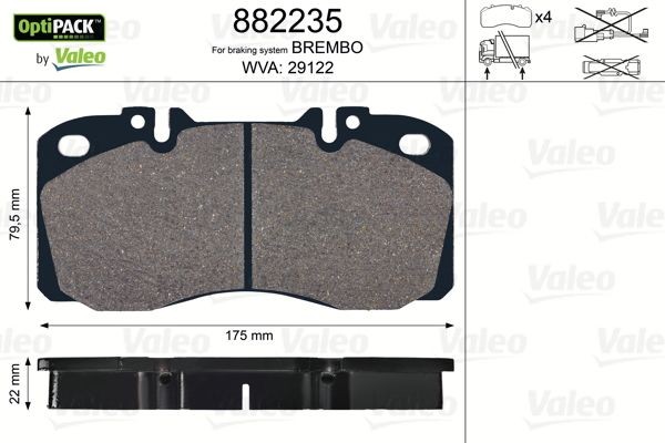 29122 VALEO OPTIPACK, Front Axle, Rear Axle, excl. wear warning contact, without bolts/screws Height: 79,5mm, Width: 175mm, Thickness: 22mm Brake pads 882235 buy