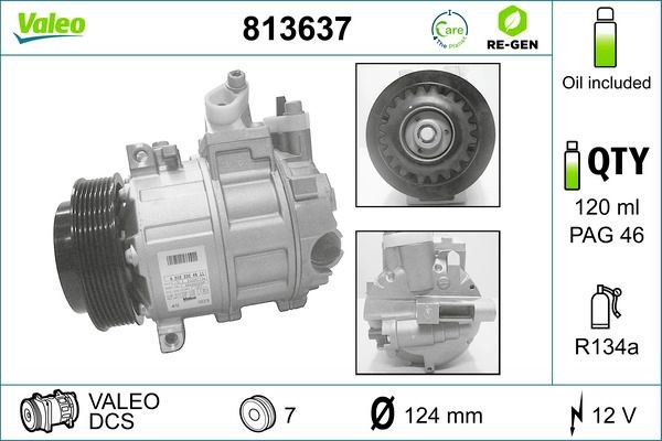 VALEO 813637 Air conditioning compressor DCS, 12V, PAG 46, R 134a, with PAG compressor oil, REMANUFACTURED