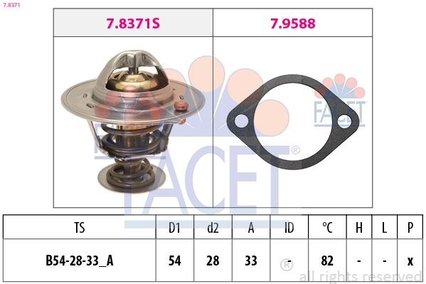 FACET 7.8371 Engine thermostat Opening Temperature: 82°C, 54mm, Made in Italy - OE Equivalent, with seal