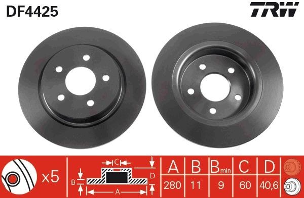 TRW 280x11mm, 5x105, solid Ø: 280mm, Num. of holes: 5, Brake Disc Thickness: 11mm Brake rotor DF4425 buy