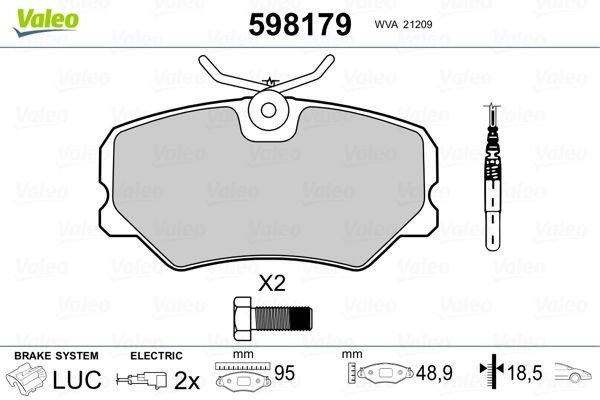 VALEO 598179 Brake pad set Front Axle, incl. wear warning contact, with bolts/screws, without anti-squeak plate