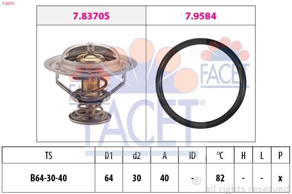 7.8370 FACET Coolant thermostat LEXUS Opening Temperature: 82°C, 64mm, Made in Italy - OE Equivalent, with seal