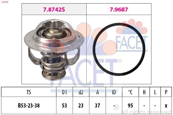 7.8742 FACET Coolant thermostat AUDI Opening Temperature: 95°C, 53mm, Made in Italy - OE Equivalent, with seal