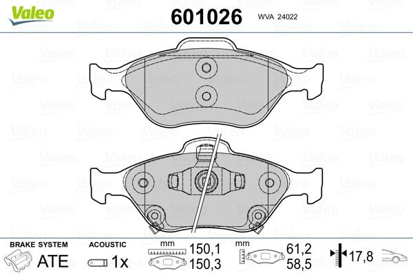 VALEO Front Axle, incl. wear warning contact, with anti-squeak plate Height 2: 58,5mm, Height: 61mm, Width 2 [mm]: 150mm, Width: 150mm, Thickness 2: 17,8mm, Thickness: 17,8mm Brake pads 601026 buy