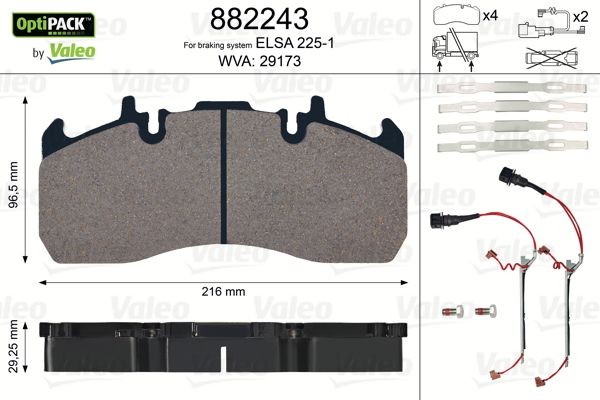 29173 VALEO OPTIPACK, incl. wear warning contact, with integrated wear warning contact, with bolts/screws Height: 96,5mm, Width: 216mm, Thickness: 29mm Brake pads 882243 buy