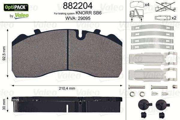 29095 VALEO OPTIPACK, excl. wear warning contact, without bolts/screws Height: 92,5mm, Width: 210mm, Thickness: 30mm Brake pads 882204 buy
