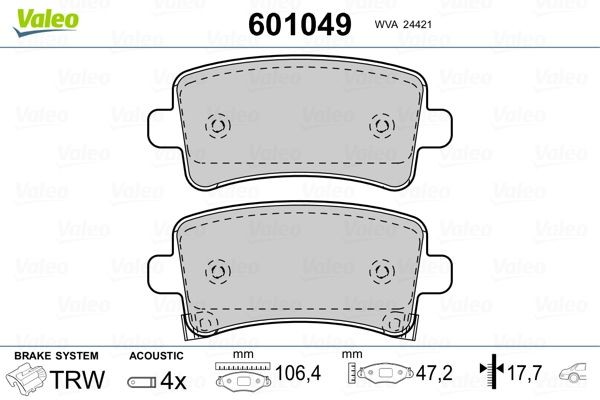 601049 VALEO Brake pad set SAAB Rear Axle, incl. wear warning contact, with anti-squeak plate