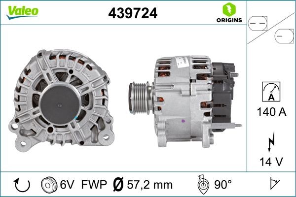 VALEO 14V, 140A, R 90, Ø 57 mm, NEW ORIGINAL PART Number of ribs: 6 Generator 439724 buy