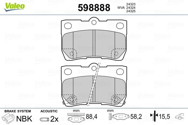 VALEO 598888 Brake pad set Rear Axle, incl. wear warning contact, without bolts/screws, with anti-squeak plate